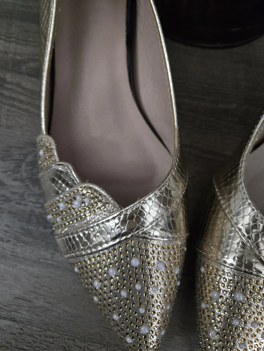 Gold Pointed Toe Women's Flats with Rhinestone Detail